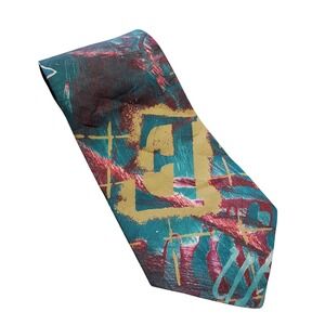 Vintage Lorenzo Selini Necktie Mens Abstract Art Teal‎ Red Gold Novelty Tie